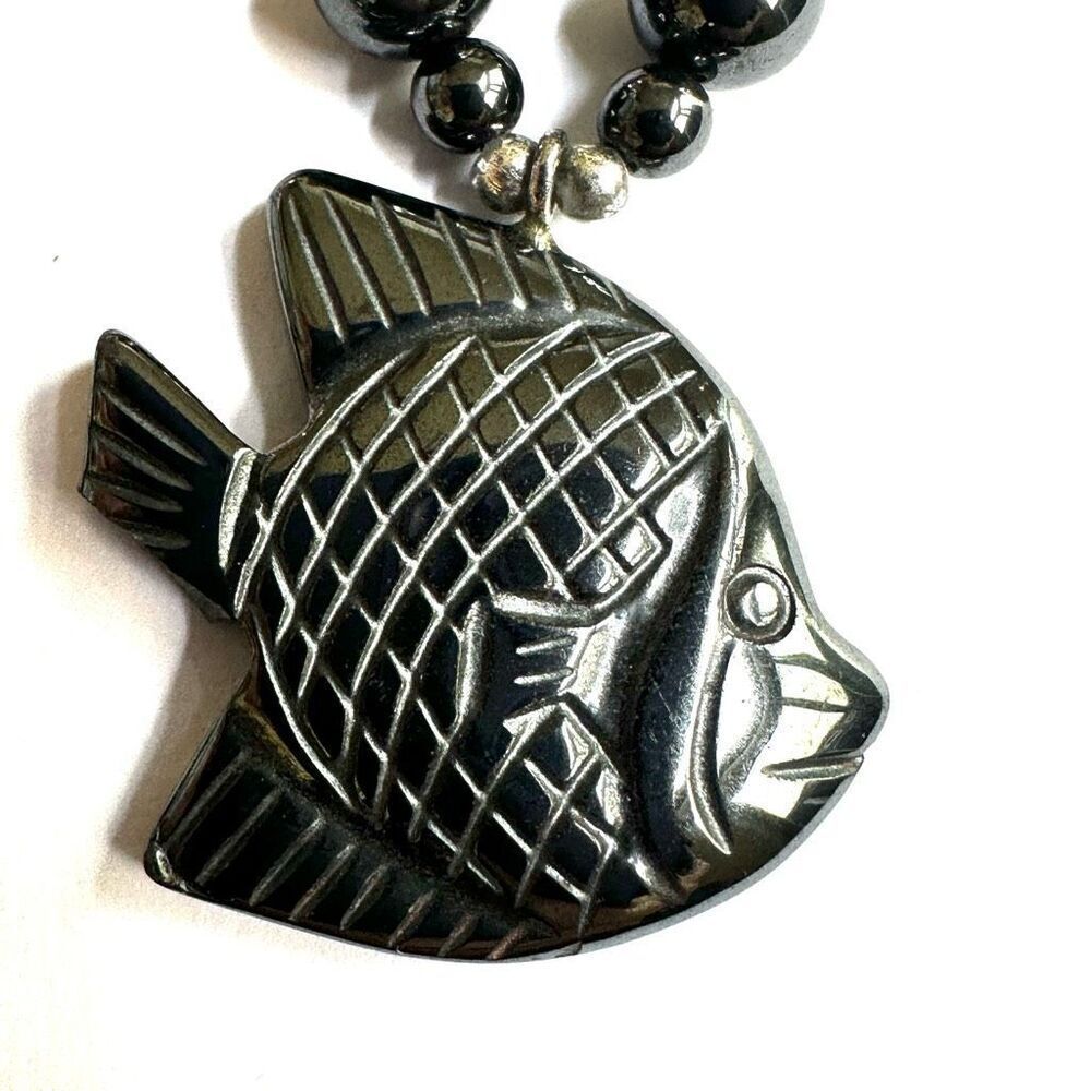 Hematite Carved Fish Pendant Beaded Necklace - Picture 6 of 8